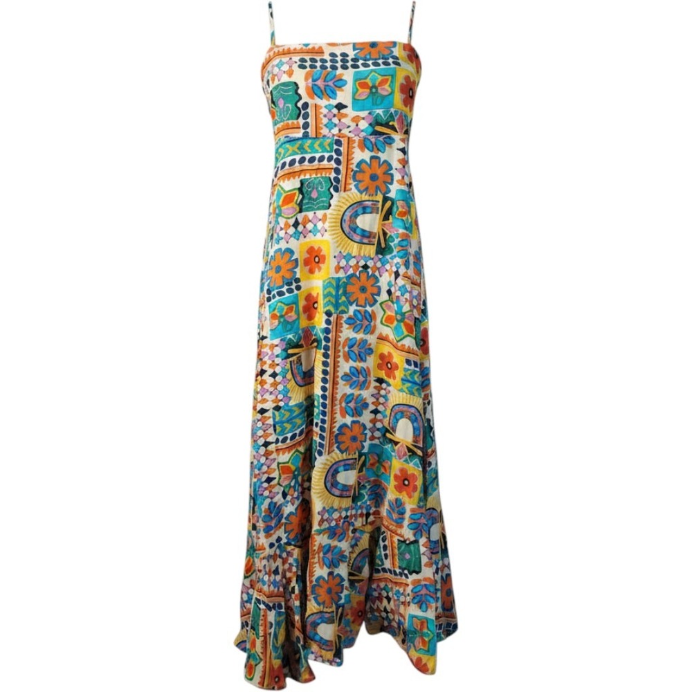 Paper Heart Maxi Dress Womens Large Multi Color Abstract Print Open Tie Back